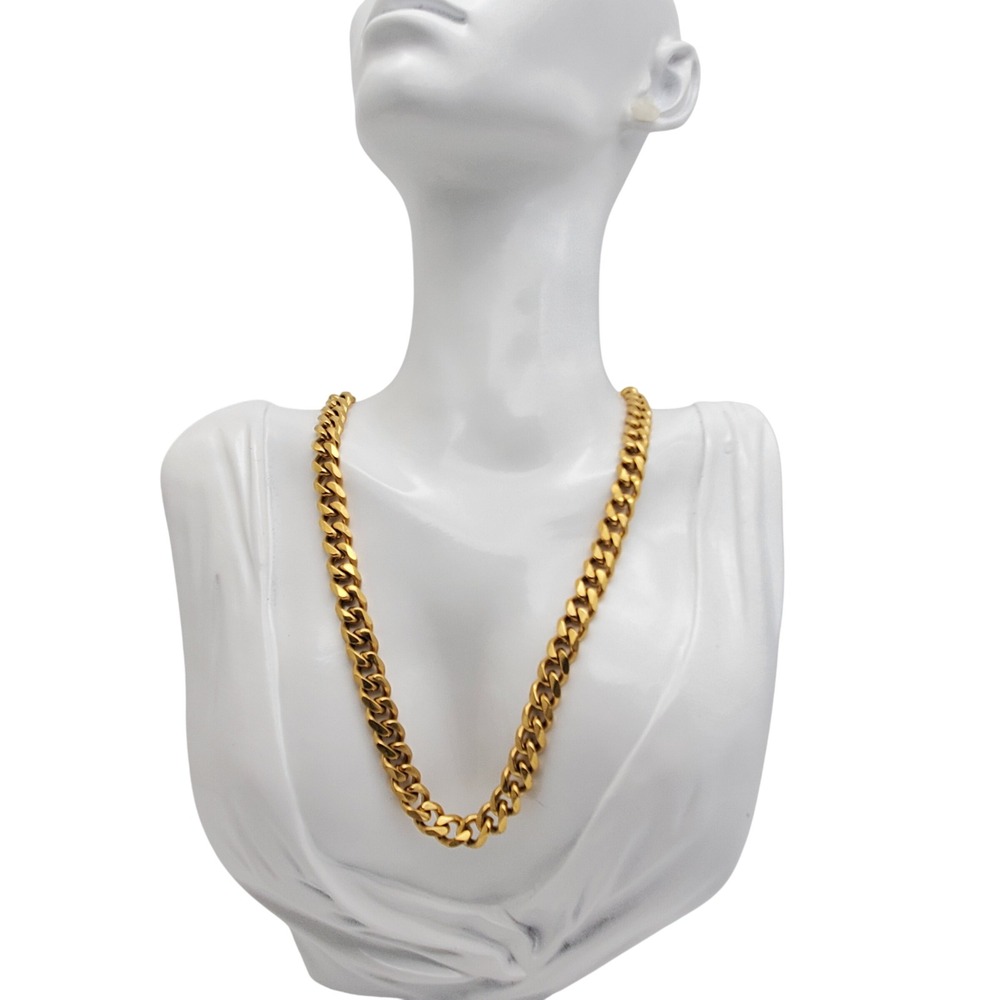 Y2K Curb Chain Choker Necklace Gold Tone Chunky Flat Link Collar Adjustable